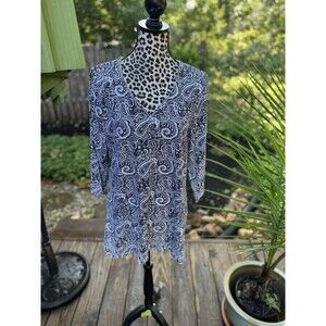 Liz Claiborne Large Tunic Top Black White Paisley 3/4 Sleeves V-Neck Cotton